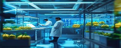 黄瓜视频科技数码专区封面，工程师在现代实验室中操作最新电子设备，蓝色科技感氛围浓郁